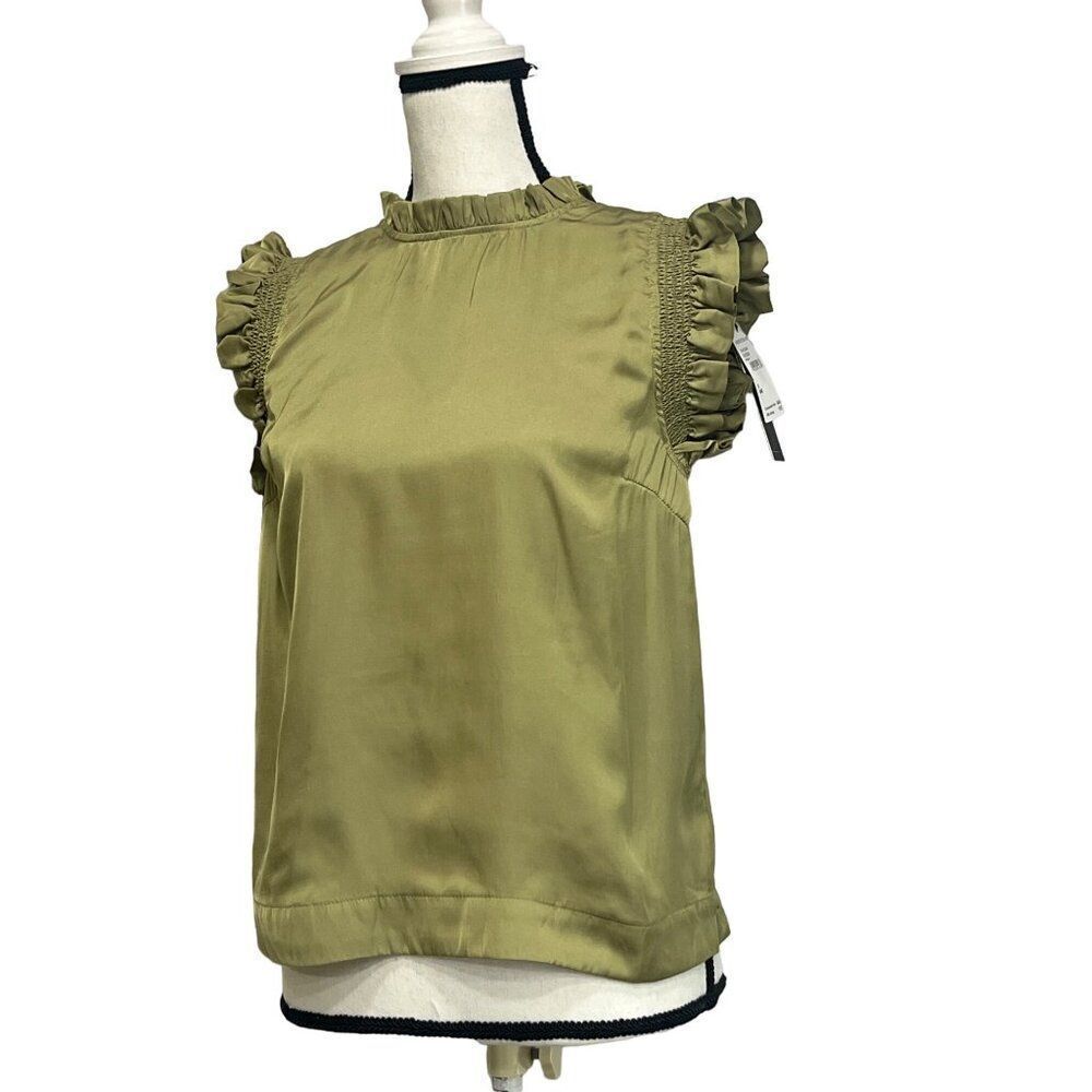 T Tahari Women’s Ruffle Trim Sleeveless Satin Blouse, Olive Green, S - Picture 2 of 12